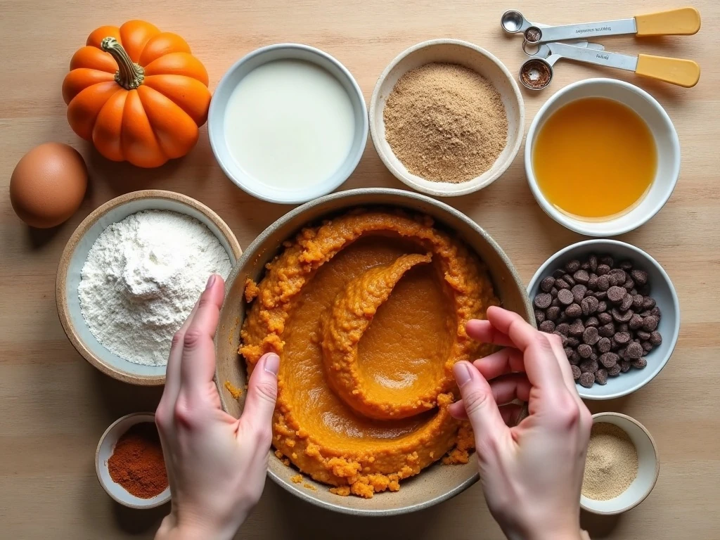 Ingredients for pumpkin crumb chocolate chip muffins