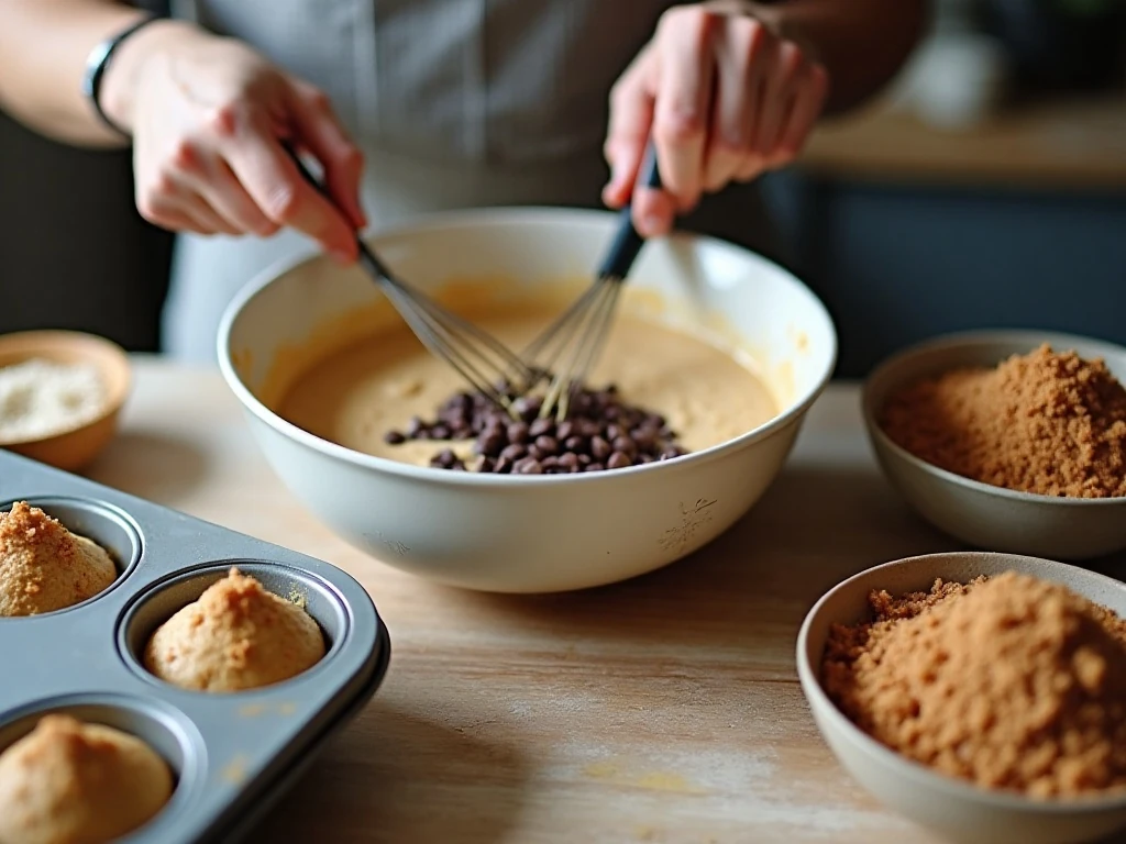 Preparing pumpkin muffin batter and cinnamon crumb topping