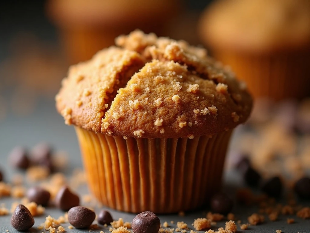 Close-up of pumpkin muffin streusel and chocolate chips