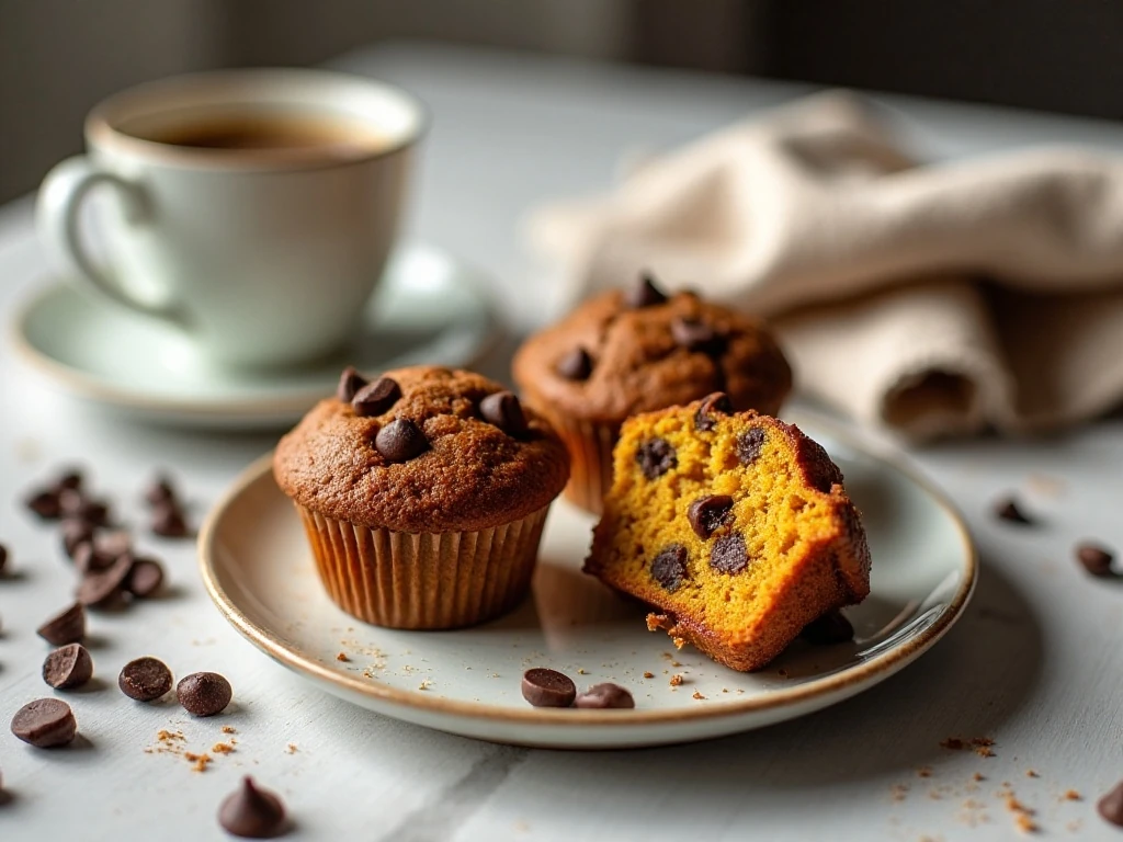 Pumpkin chocolate chip muffins served with coffee