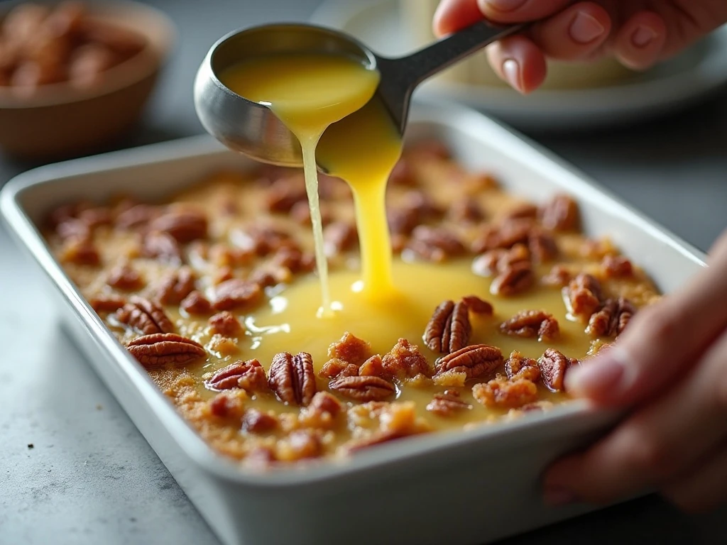 Drizzling butter over the pumpkin cake topping