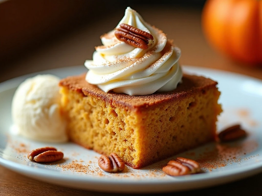 Pumpkin crunch cake served with whipped cream and pecans
