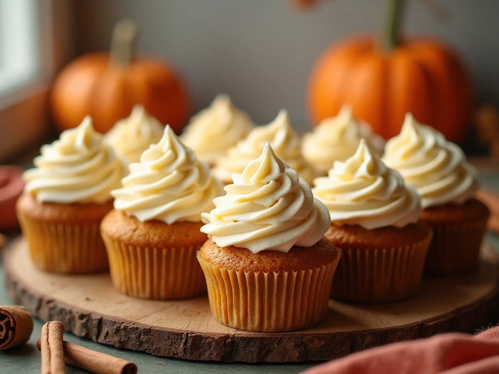 Pumpkin cupcakes with cream cheese frosting arranged for an autumn dessert table
