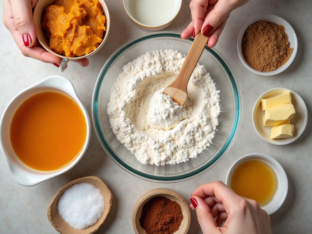 Ingredients for easy pumpkin cupcakes and cream cheese frosting