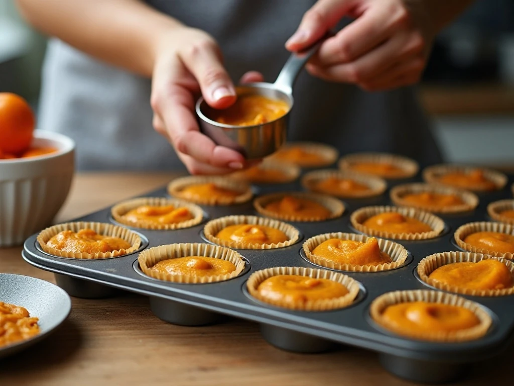 Pumpkin cupcake batter evenly portioned in a lined muffin pan