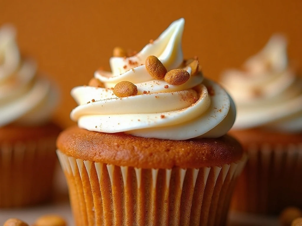 Close-up of cream cheese frosting and cinnamon garnish on a pumpkin cupcake