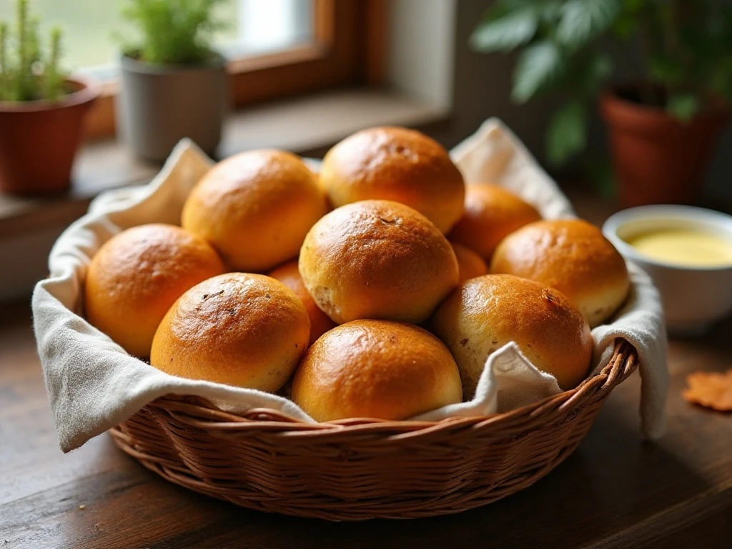 Basket of soft and fluffy pumpkin dinner rolls