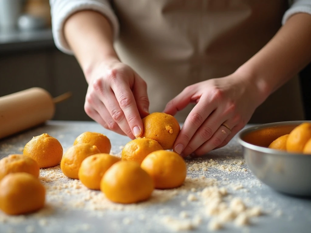 Shaping pumpkin dinner rolls before the second rise