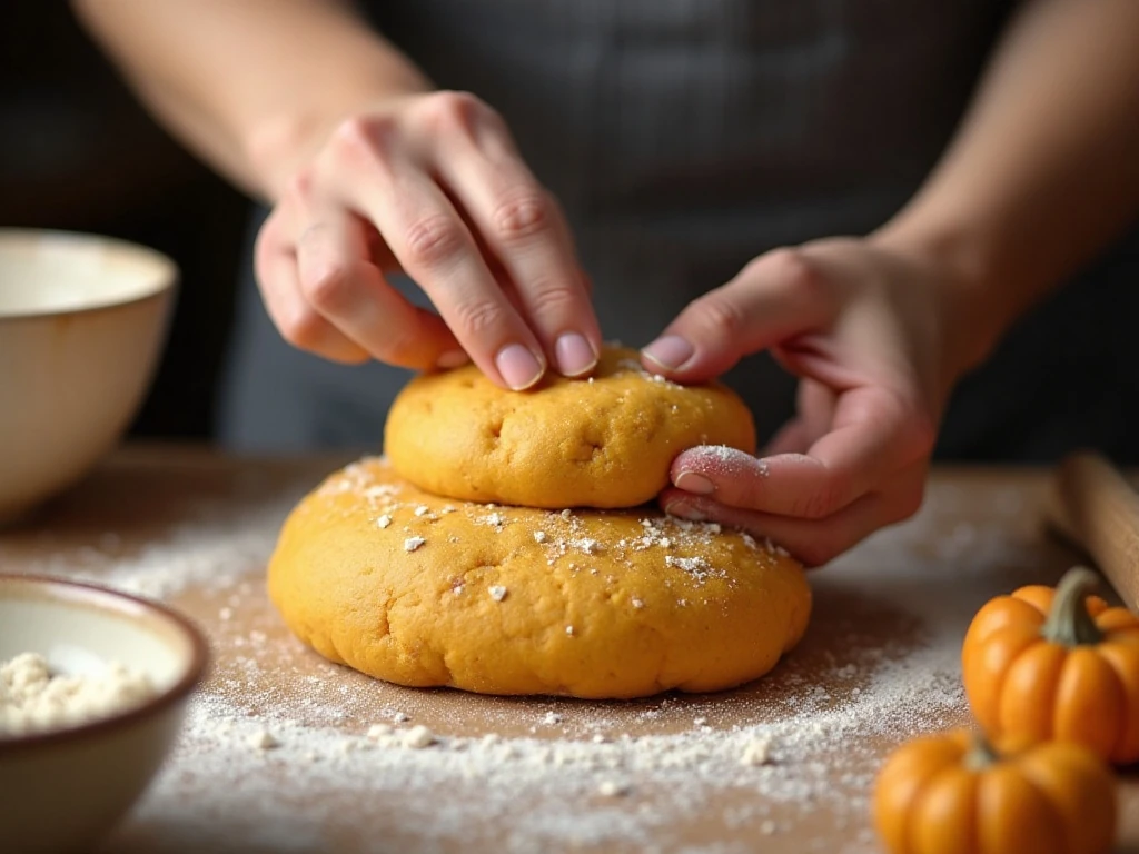 Soft pumpkin roll dough being kneaded carefully