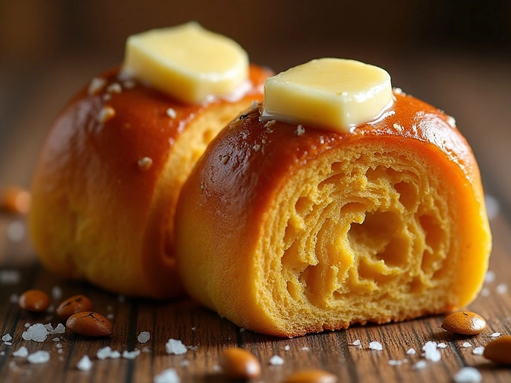 Close-up of fluffy pumpkin roll crumb with buttery topping