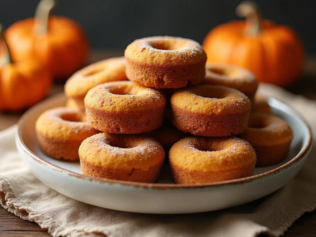 Plate of cinnamon-sugar pumpkin doughnut muffins for breakfast
