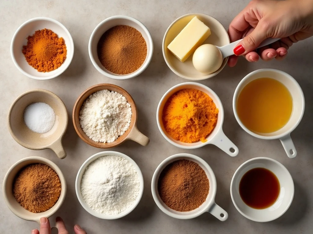 Measured ingredients for pumpkin doughnut muffins