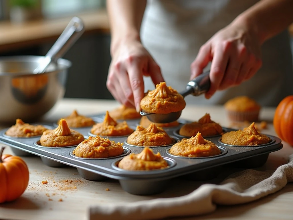 Portioning pumpkin muffin batter into a muffin pan