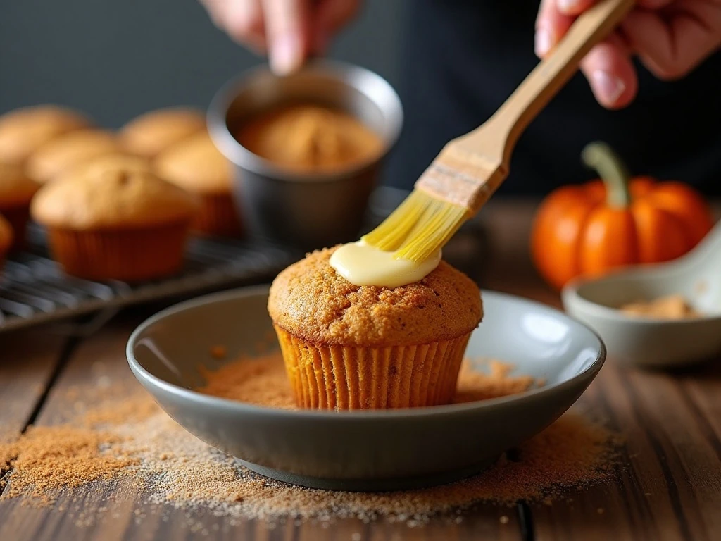 Coating a warm pumpkin muffin with cinnamon sugar