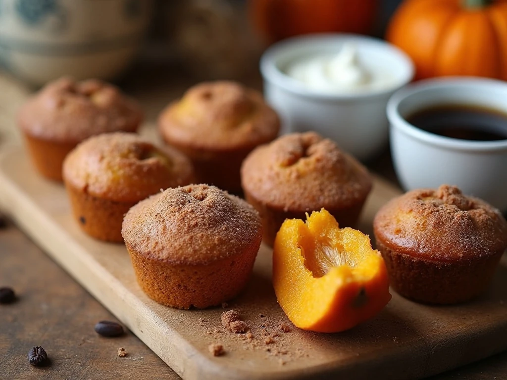 Pumpkin doughnut muffins served with coffee and fruit