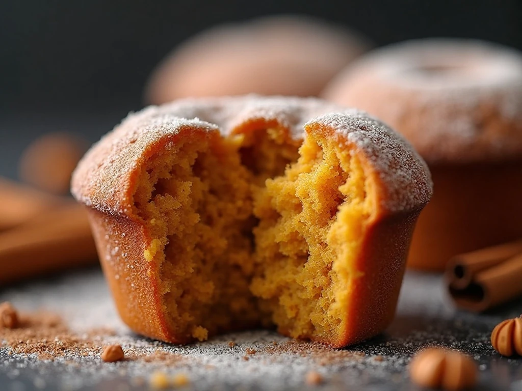 Moist pumpkin muffin crumb with cinnamon-sugar coating