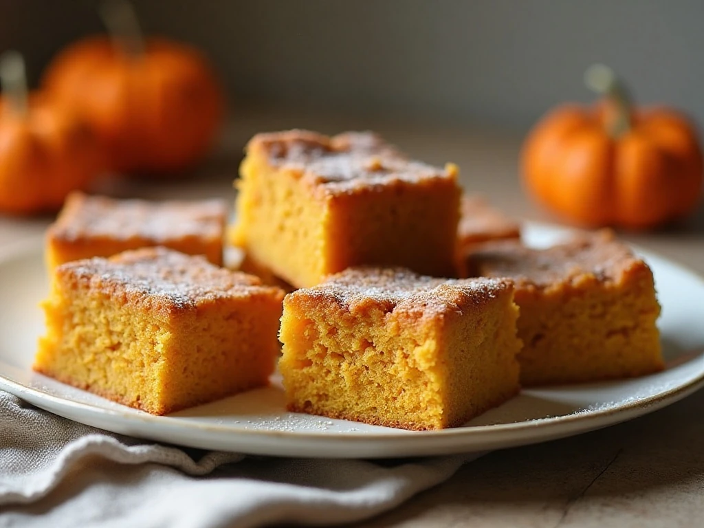 Golden squares of easy three-ingredient pumpkin dump cake on a serving platter