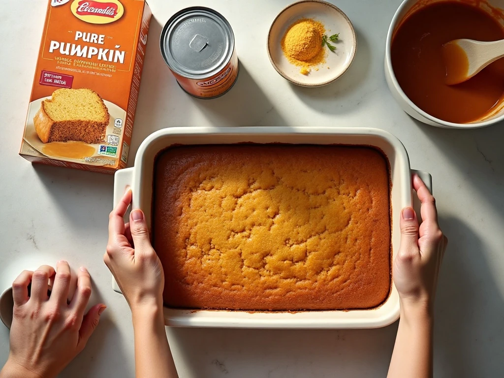 Three ingredients for pumpkin dump cake with baking dish and mixing bowl