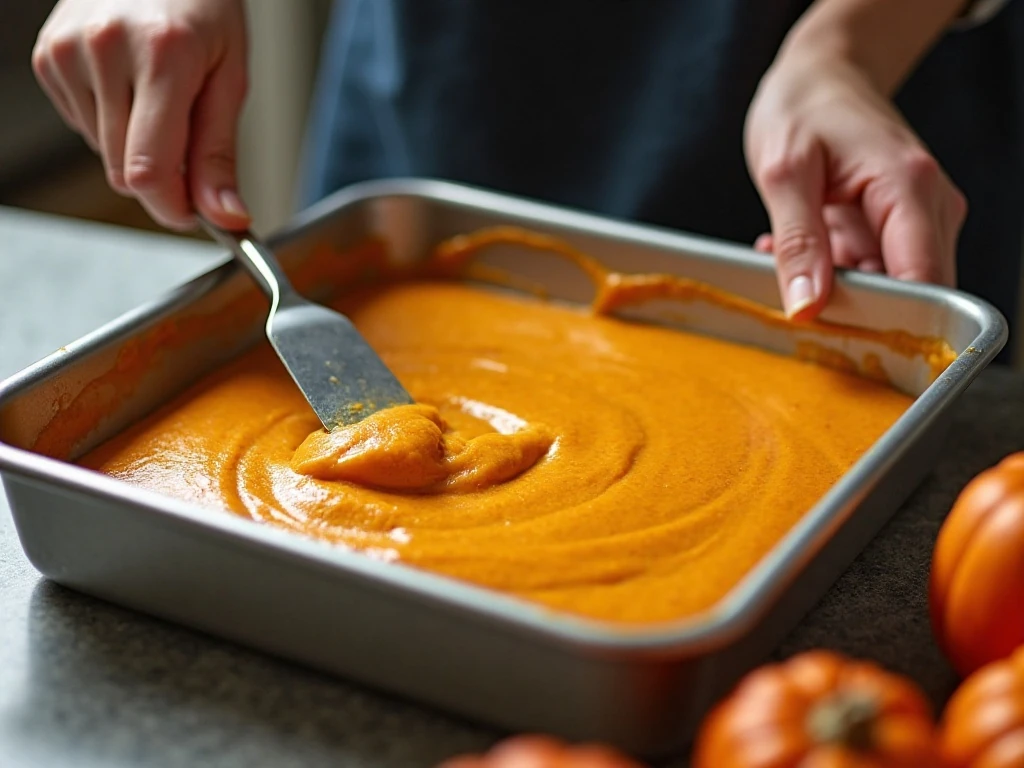Thick pumpkin dump cake batter being spread in a baking dish