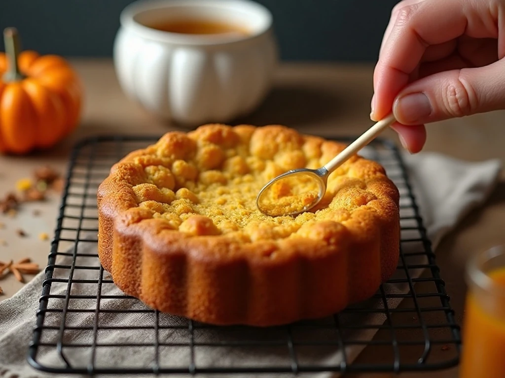 Testing a baked pumpkin dump cake with a toothpick for moist crumbs