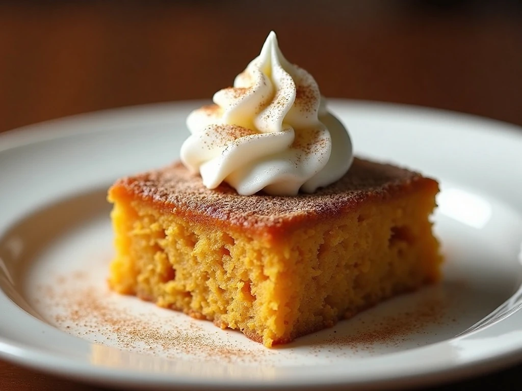 Pumpkin dump cake square topped with whipped cream and cinnamon