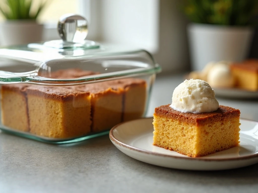 Stored pumpkin dump cake with a serving topped with vanilla ice cream