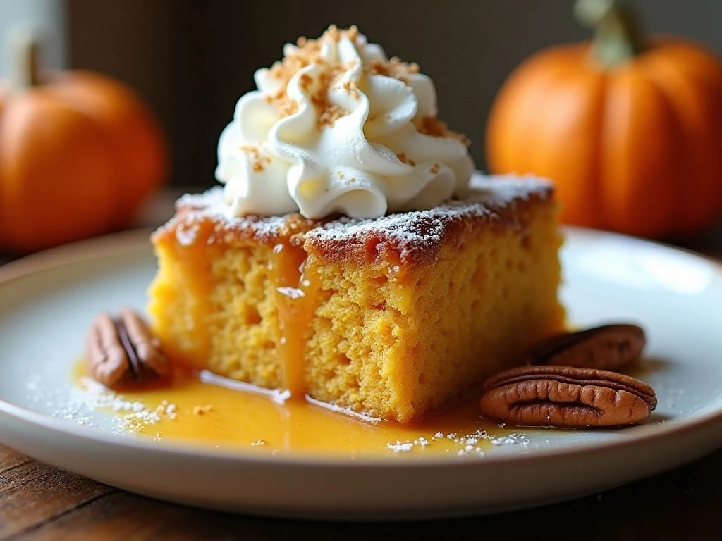 Warm pumpkin dump cake served with whipped cream and pecans