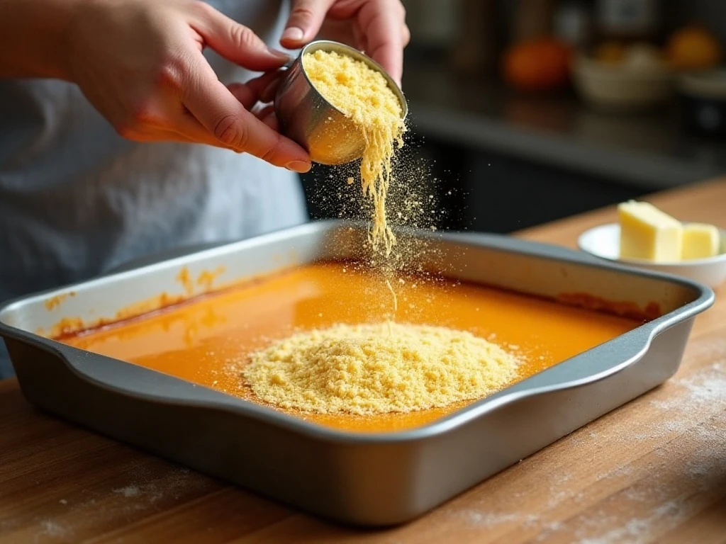 Layering pumpkin mixture and yellow cake mix for pumpkin dump cake