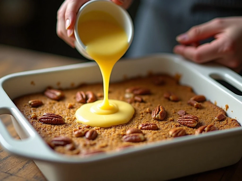 Melted butter drizzled evenly over pumpkin dump cake topping
