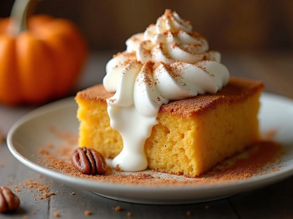 Pumpkin dump cake topped with whipped cream, cinnamon, and pecans