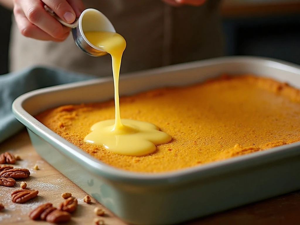 Drizzling melted butter over the cake mix layer of pumpkin dump cake