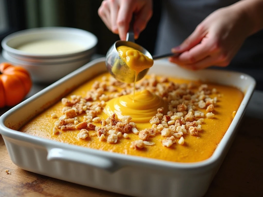 Evenly distributing butter and nuts over pumpkin dump cake