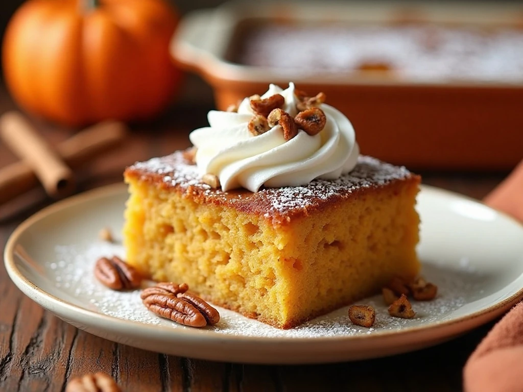 Pumpkin dump cake served with whipped cream and pecans