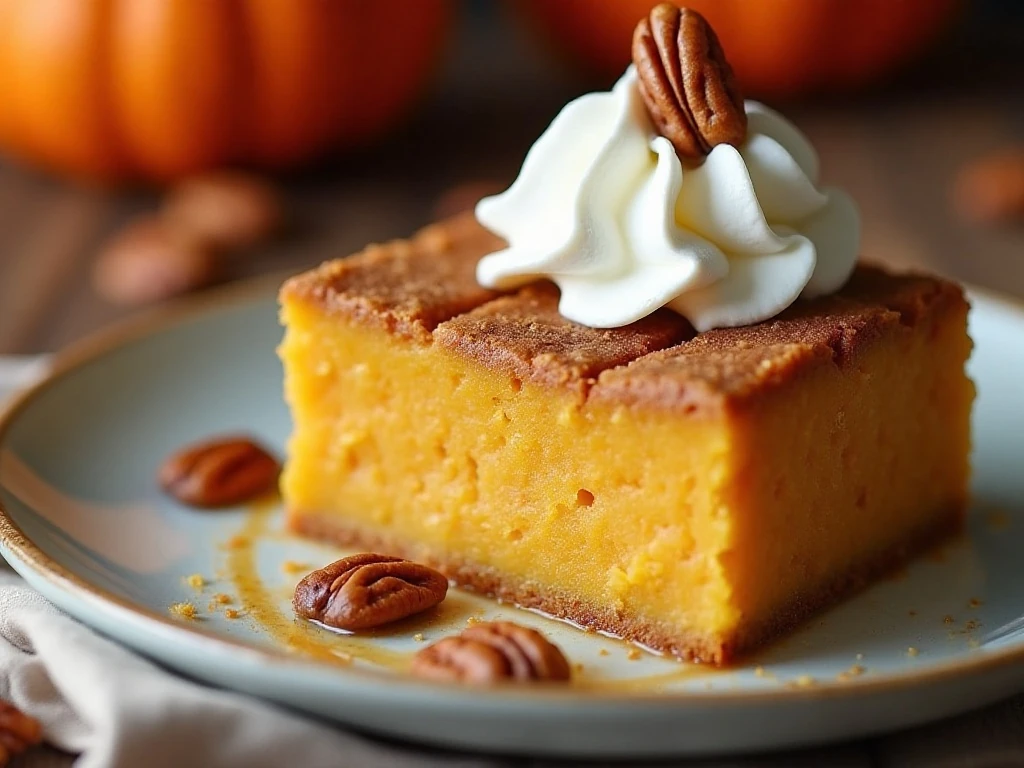 Close-up of a chilled pumpkin dump cake slice with a buttery topping