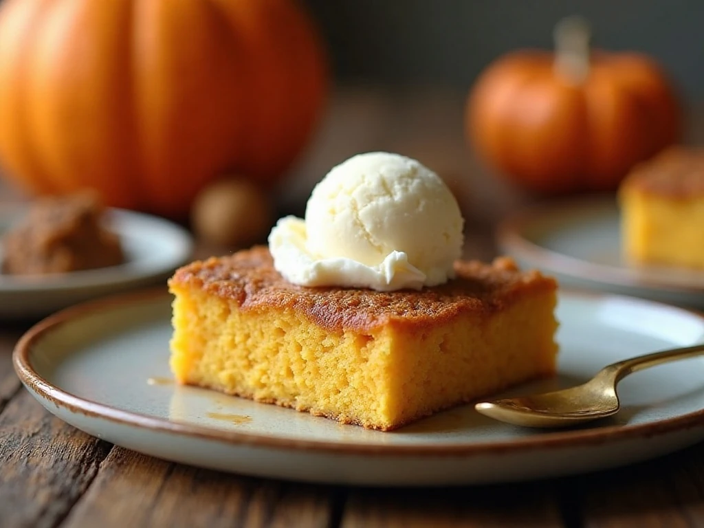 Warm pumpkin dump cake served with vanilla ice cream