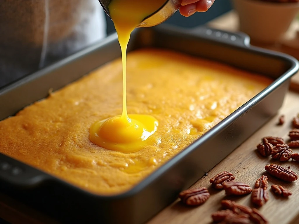 Melted butter drizzled over the cake mix topping