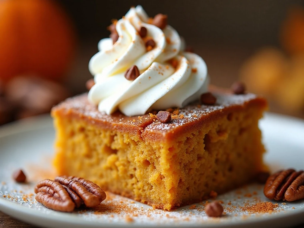 Pumpkin dump cake topped with whipped cream and pecans