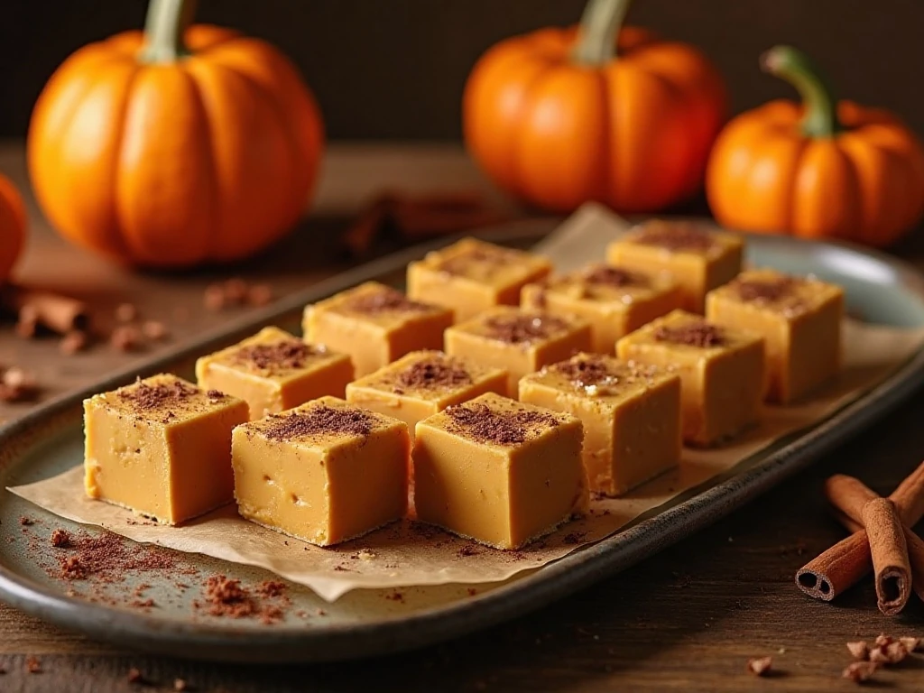 Creamy pumpkin fudge squares arranged on an autumn dessert table