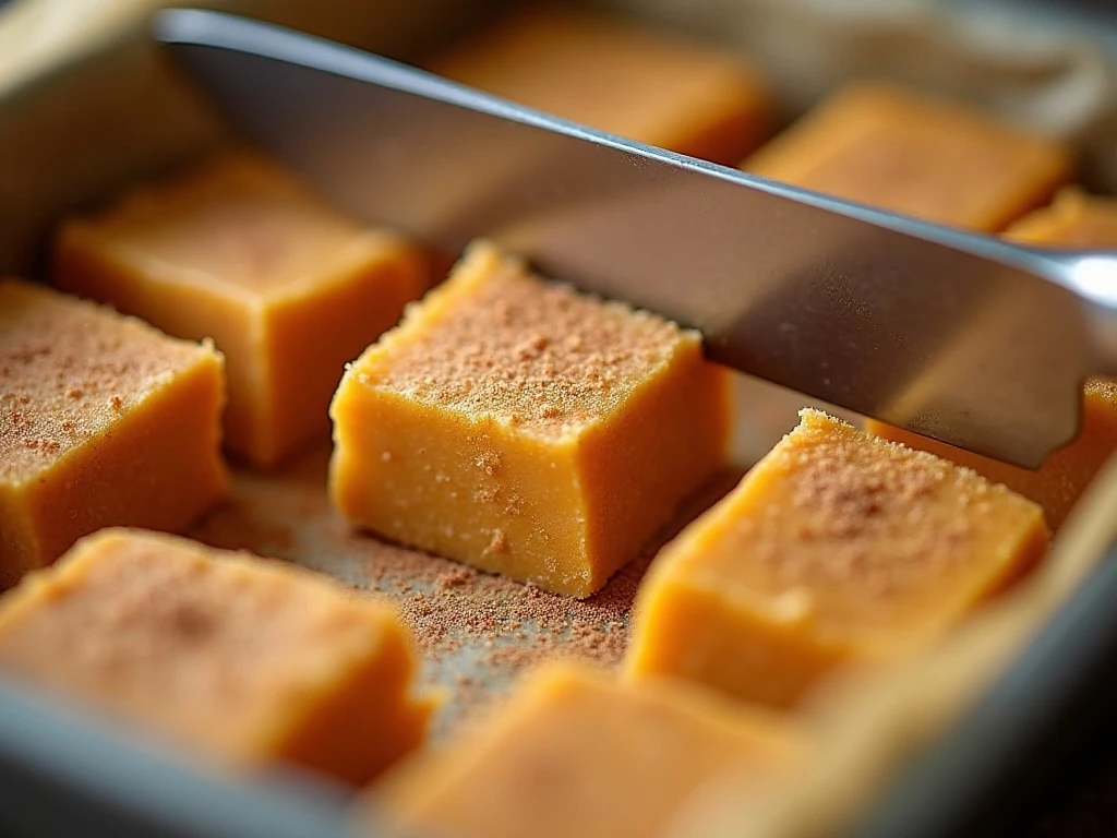 Cutting chilled pumpkin fudge into small squares