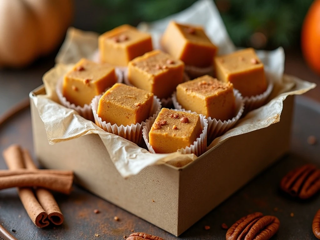 Pumpkin fudge squares prepared as a holiday gift