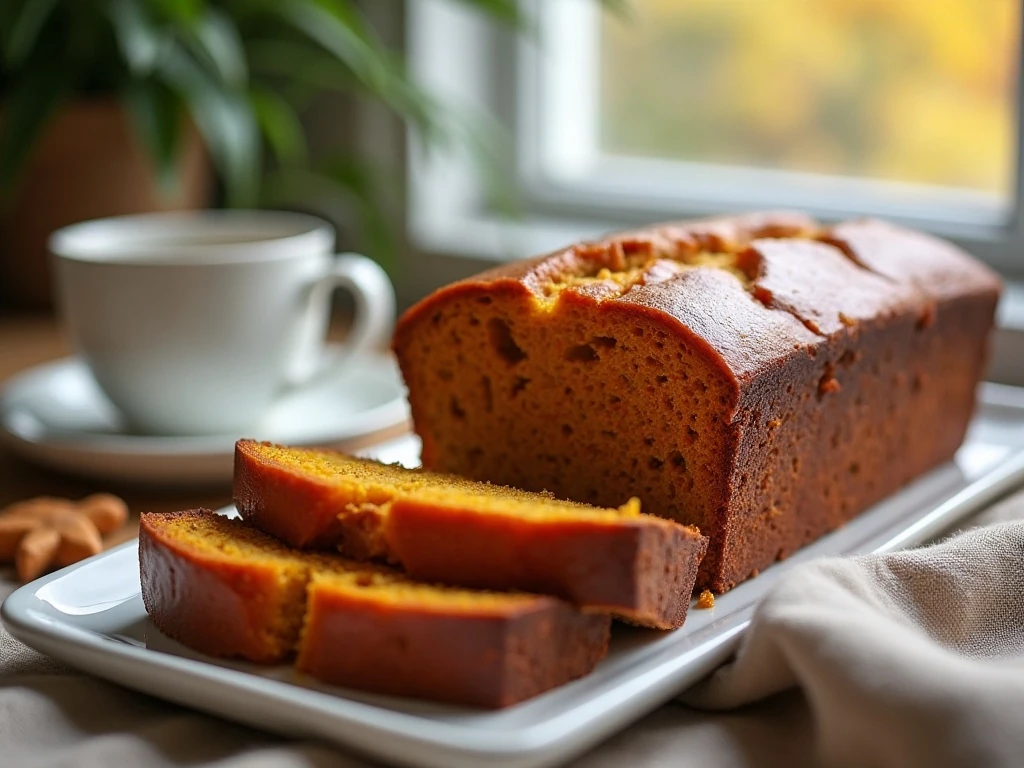 Glazed pumpkin bread loaf served with sliced pieces and coffee