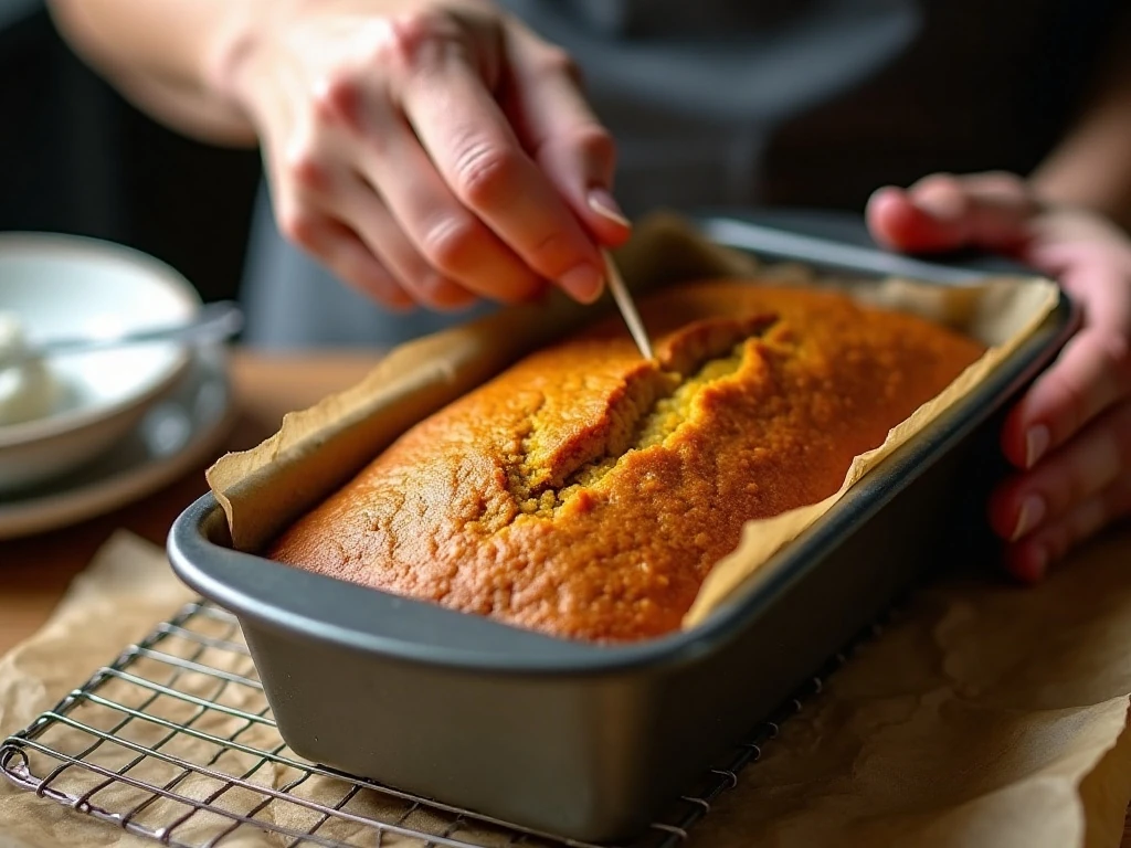 Testing baked pumpkin bread with a toothpick for doneness