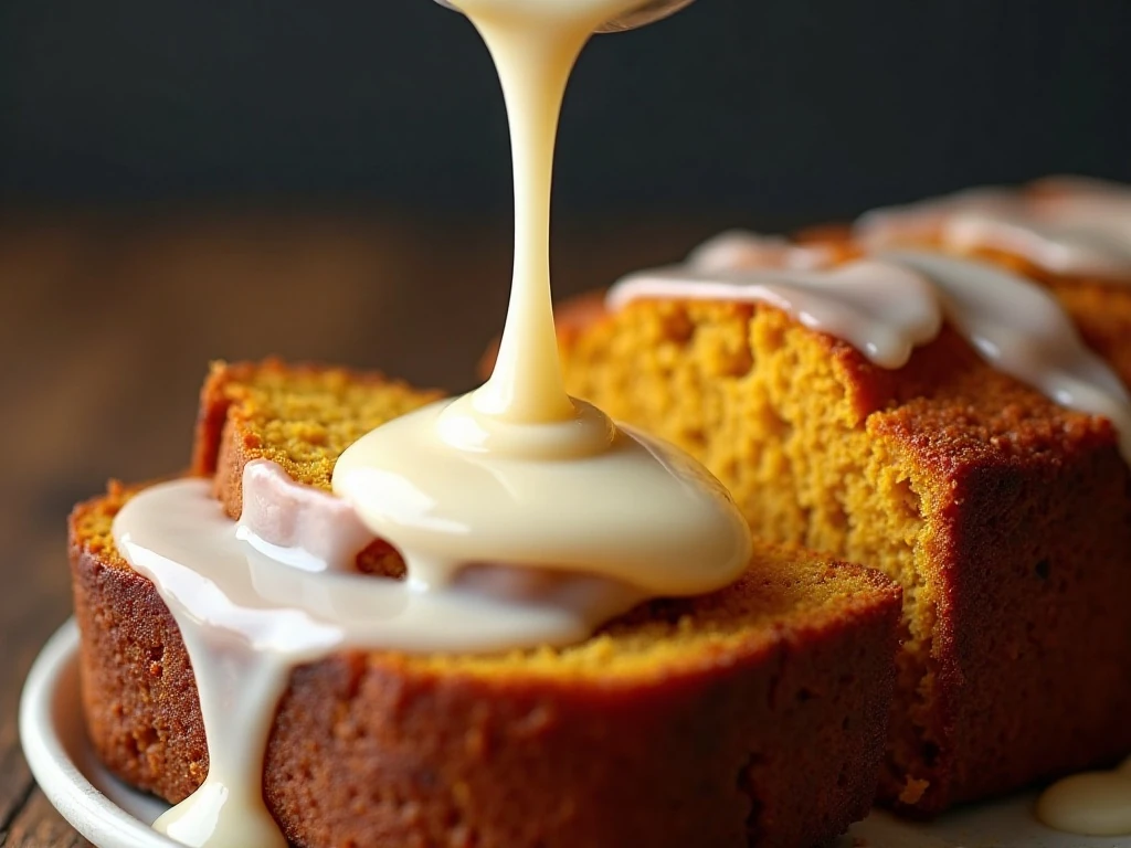Vanilla glaze drizzled over pumpkin bread