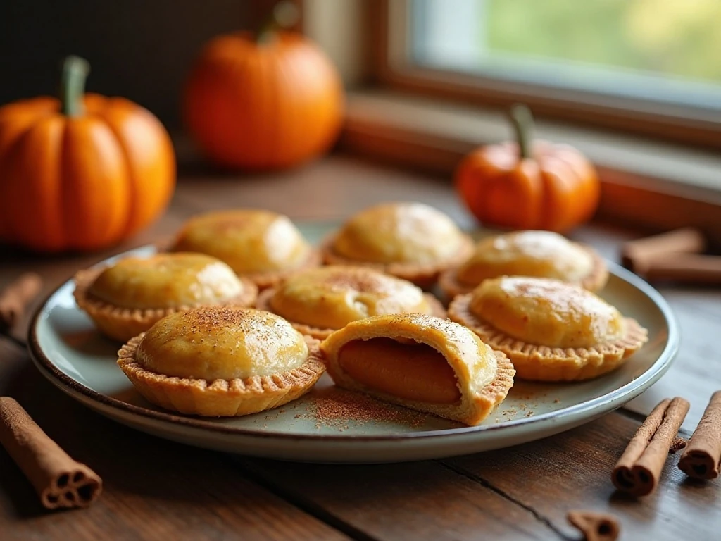 Golden homemade pumpkin hand pies arranged on an autumn dessert table