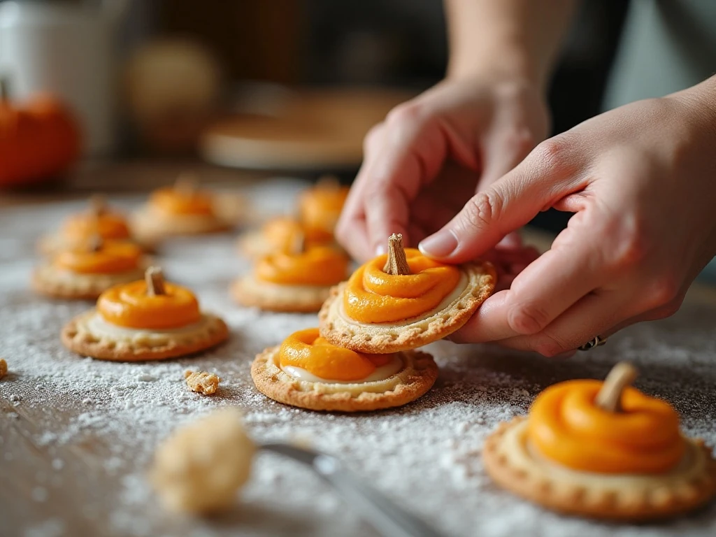 Filling pastry rounds to make pumpkin hand pies