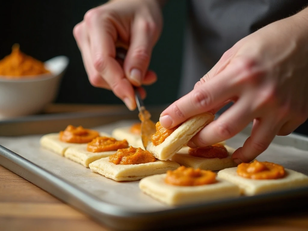 Filling pastry pieces to make pumpkin hand pies