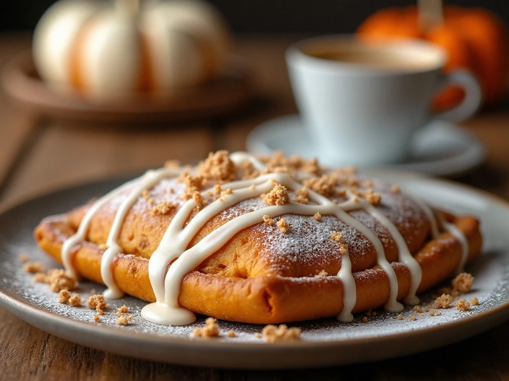 Pumpkin hand pie with vanilla glaze and confectioners’ sugar
