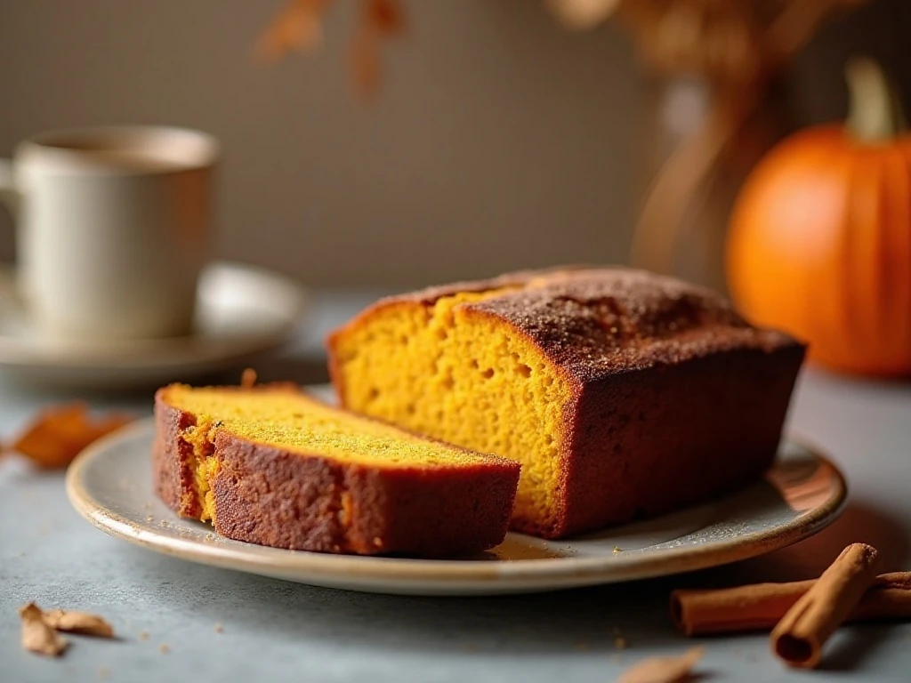 Moist pumpkin loaf cake served as an easy fall dessert