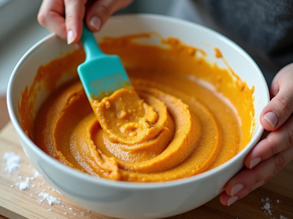 Gently folding pumpkin loaf cake batter