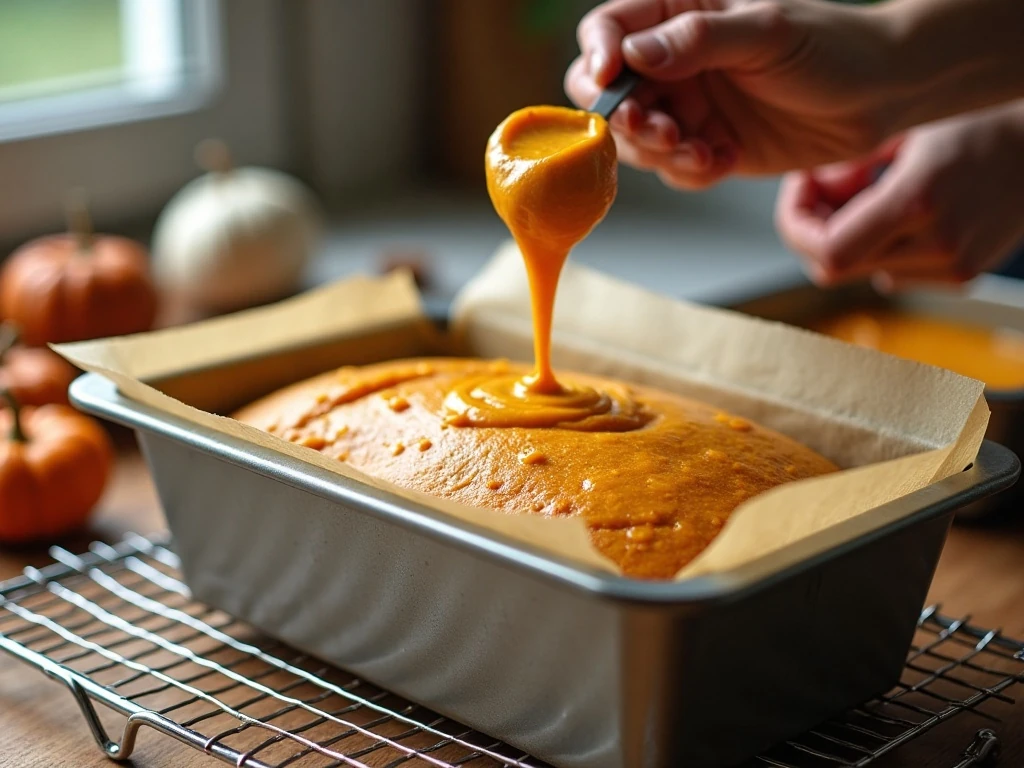 Prepared pumpkin loaf batter in a parchment-lined pan